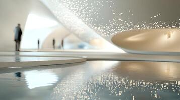 Futuristic architecture with water feature and bokeh lighting creates a serene ambiance photo