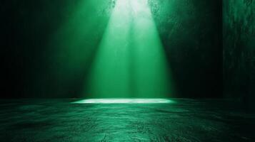 Mysterious emerald spotlight illuminates grungy interior space with textured concrete walls photo