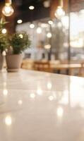 Subtle ambiance showcasing blurred cafe interior with pendant lights and marble countertop photo