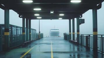Ferry approaching dock on a misty morning creating a sense of mystery and anticipation photo
