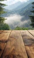 Rustic wooden surface overlooking verdant mountain peaks shrouded in ethereal morning mist scenery photo