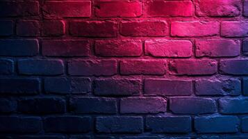 Vividly illuminated brick facade displaying an artistic interplay of blues and magentas gradient photo