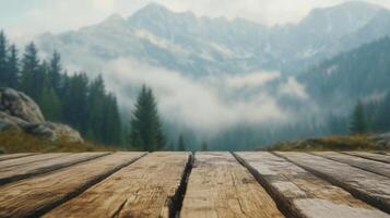 Majestic mountain backdrop viewed from weathered wooden planks, enchanting natural scenery photo