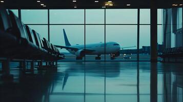 Sleek airport terminal view with airplane reflecting on floor in modern ambience photo