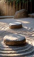 Tranquil zen garden with stepping stones and raked sand showcasing peace and balance concept photo