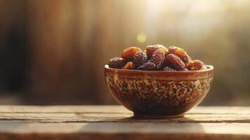 Bowl of golden dates resting on weathered wooden table casting soft shadows in the light photo