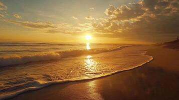 Radiant seaside serenity, Golden sun embracing the shore in a coastal vista at twilight photo