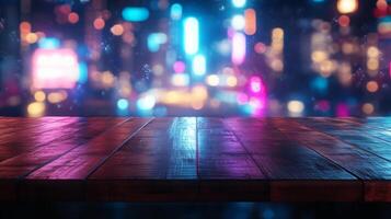 Vibrant cityscape backdrop reflecting on polished wooden table surface with bokeh lights photo