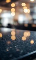 Elegant countertop surface reflecting ambient bokeh lights in soft focus for abstract aesthetics photo