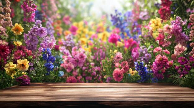 Vibrant floral tapestry backdrop with rustic wooden surface for spring season display photo