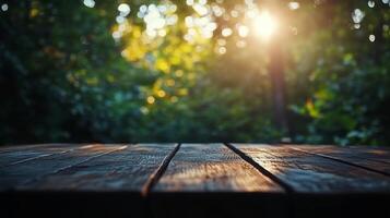 Sunlit forest backdrop with wooden surface inviting products for natural promotions photo