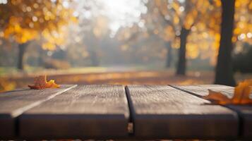 Tranquil autumnal tableau showcasing golden foliage viewed from a wooden platform perspective photo