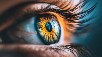 Intricate gaze, mesmerizing eye detail showcasing vibrant iris and delicate eyelashes beauty photo
