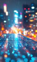Futuristic cityscapes, A reflection of urban lights and rainy nights in digital art photo