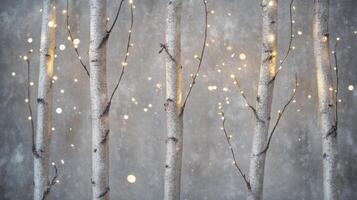 Illuminated birch trees against a textured backdrop evoking winter enchantment ambiance photo