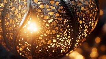 Intricate metalwork lamp casting ethereal light and shadows in a warm golden glow ambience photo
