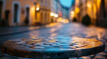 Illuminated European street view from a tabletop perspective on a tranquil evening photo