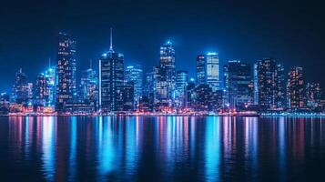 Neon city skyline reflected in still water at night creating a vibrant urban landscape photo