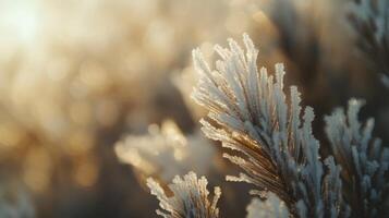 Delicate frost crystals adorn the delicate branches, illuminated by warm sunlight's gentle kiss photo