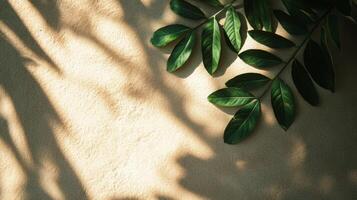Sunlit foliage casting ethereal shadows on a textured surface creating an intriguing contrast photo