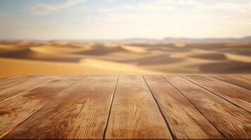 Wooden surface against a backdrop of rippling desert sands creates a sense of adventure photo