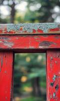 Vibrant red wooden structure with lichen detail showcasing weathered beauty and nature's embrace photo
