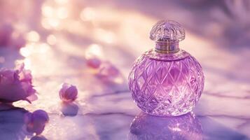 elegante fragancia botella en mármol superficie con flor pétalos y soñador antecedentes bokeh foto