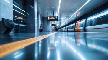 Modern subway station featuring blurred train and reflective floor creating dynamic scene photo