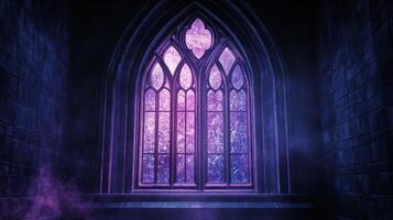 Mystical gothic architecture, stained glass window bathed in ethereal purple luminescence photo