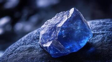 Captivating sapphire gemstone with textured rock bed under a soft ethereal glow backdrop photo