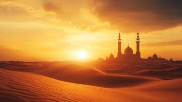 Golden hour glow over majestic mosque silhouette in serene desert landscape tableau photo