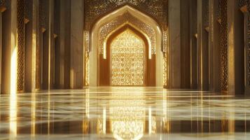 Opulent golden arabesque interior with shining marble floor and intricate architectural details photo