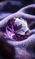 Radiant Amethyst Gemstone Laying on Luxurious Velvet Fabric with Complex Faceted Cut photo