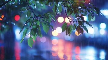 Urban evening rain scene with tree branch, blurred lights and reflections adding serenity photo