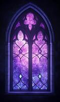 Mystical gothic stained glass with celestial purple hues illuminating shadowy chambers photo