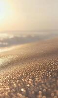 Ethereal glimmer on sandy shore reflecting warm sunlight, creating dreamy, golden vacation vibe photo