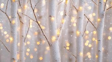 Enchanted birch trunks sparkling with festive lights and frosty snow effect for magical season photo