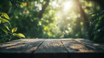 Sunlit wooden surface backdrop with verdant foliage and diffused bokeh background creating atmosphere photo