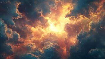 Celestial Tapestry Ethereal Clouds Radiating Golden Light Mystical Atmosphere Scenery photo