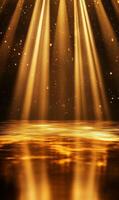 Golden illumination with radiant shafts and glitter on a reflective, shimmering surface photo