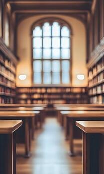 Serene and Expansive University Library with Rows of Tables and Stacks of Books photo