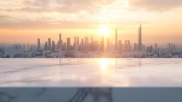 Modern cityscape panorama at sunset illuminated by sunlight with marble platform view photo