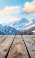 Wooden deck showcasing a majestic blurred mountain backdrop perfect for product placement photo