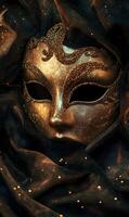 An elegant venetian mask with golden decorations and draped fabric in a mysterious setting photo