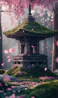Ancient stone lantern embraced by moss and sakura petals in serene woodland photo