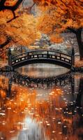 Serene autumnal landscape featuring a traditional bridge reflected in tranquil water photo