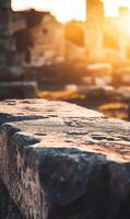 Ancient stone architecture bathed in golden light, showcasing weathered texture and depth of history photo
