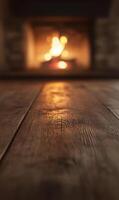 Warm hearth ambiance emanating from a blurred fireplace onto textured wooden floorboards photo