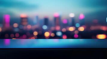 Abstract cityscape backdrop with shimmering bokeh lights and sleek modern surface texture photo