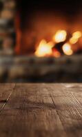 Rustic wood surface with warm fireplace background perfect for winter evenings display photo
